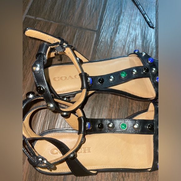 Coach Sadie Leather boho Embellished T-Strap Black Sandals Size 7.5 - Picture 7 of 12